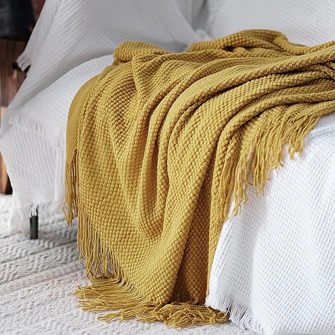 LOMAO Knitted Throw Blanket with Tassels Bubble Textured Lightweight Throws for Couch Cover Home Decor (Mustard Yellow, 50x60)