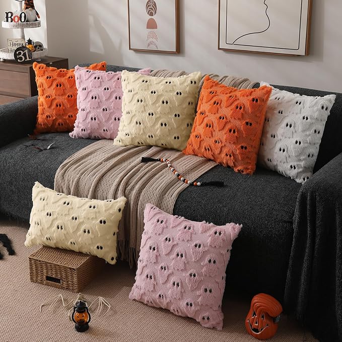 DFXSZ Halloween Pillow Covers 12x20 inch 2Pcs Beige Ghost Halloween Decor | Halloween Decorations Set of 2 Throw Pillow Cases Plush Faux Fur Wool Cushion for Chair Sofa Bedroom Living Room Home Decor