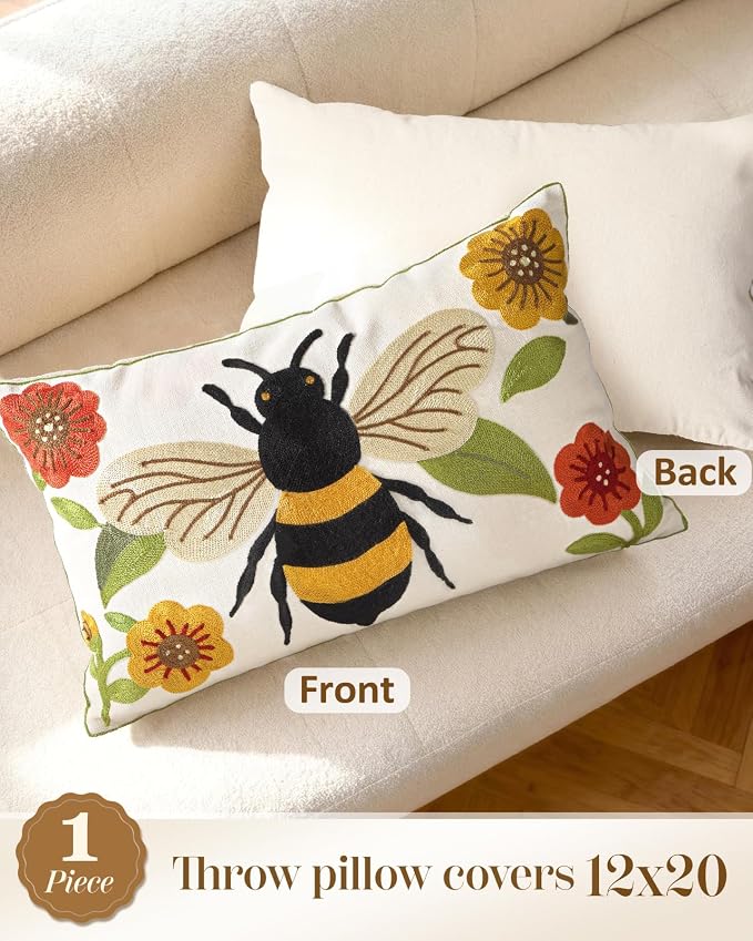 Animal Embroidered Lumbar Pillow Cover 20x12 Inch, Bee Floral | Decorative Throw Pillow Cover, Farmhouse Cushion Cases with Hidden Zipper, Cottagecore Decor for Couch, Sofa, Bedroom