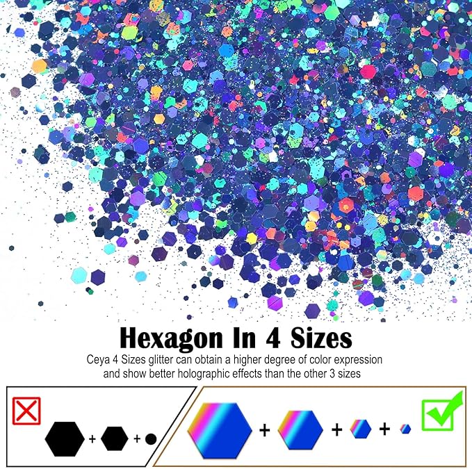 Ceya Holographic Chunky Glitter, 4.9oz/ 140g Blue Craft Glitter Powder Mixed Chunky & Fine Flakes Iridescent Nail Sequins for Nail Art, Hair, Epoxy Resin, Tumblers, Slime, Painting, Festival Decor