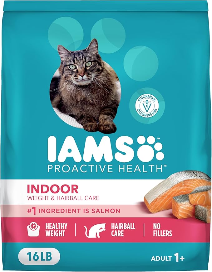 IAMS Proactive Health Indoor Dry Cat Food, Salmon, 16 lb | Veterinarian-recommended, #1 ingredient real salmon, reduces hairballs, supports healthy weight, boosts immune system