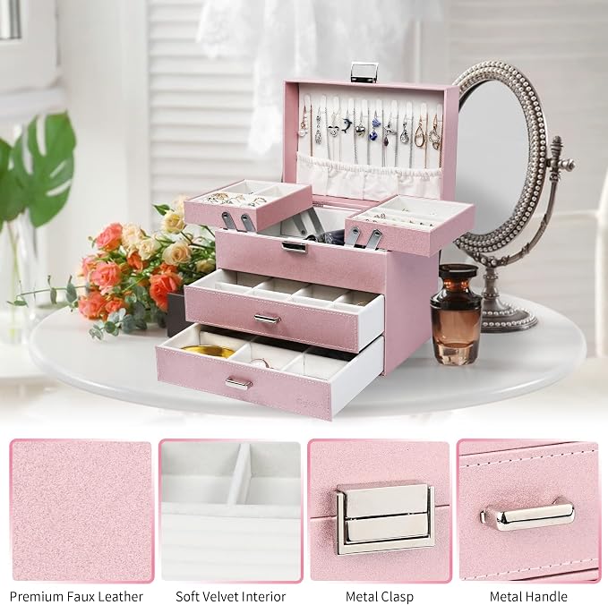 Jewelry Boxes for Women Girls, Jewelry Storage Organizer, 4 Layers Large Jewelry Organizer Box with 2 Drawers for Friends, Wife or Mother Gift (Pink)