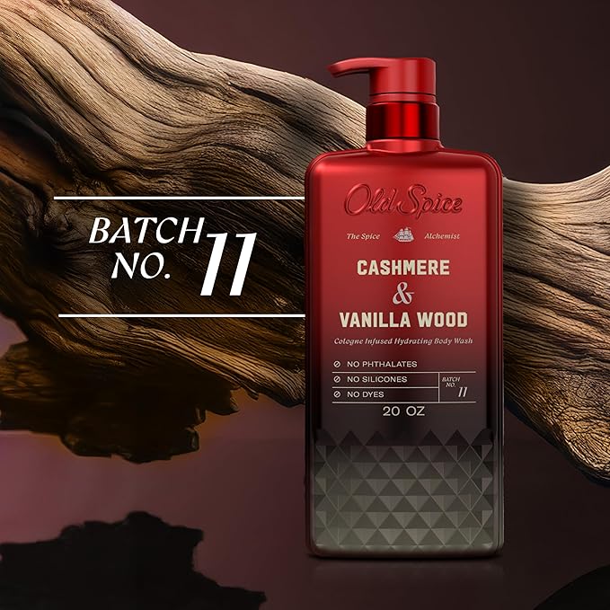 Old Spice Body Wash for Men, The Spice Alchemist Collection, 24/7 Cologne Infused Hydration, No Trade Off Formula, Free of Phthalates Silicones & Dyes, Cashmere + Vanilla Wood Scent, 20 oz