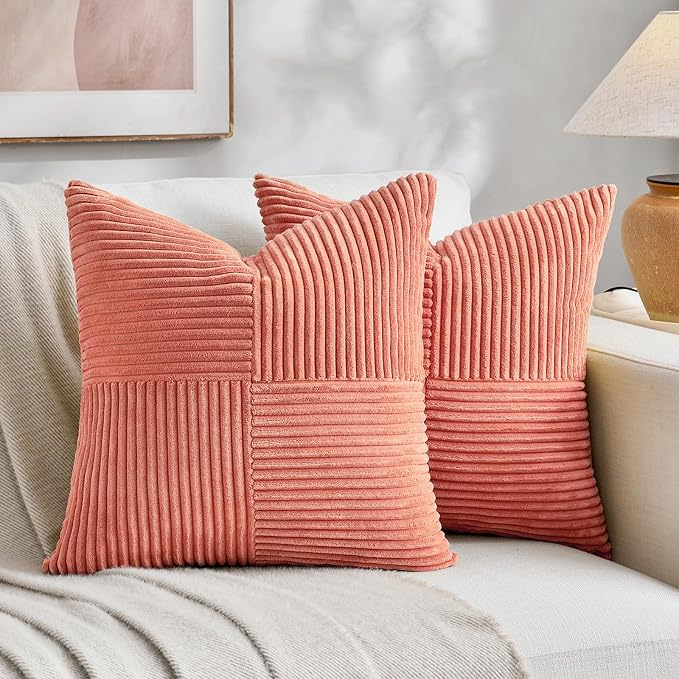 Fancy Homi Coral Decorative Throw Pillow Covers 22x22 Inch for Living Room Couch Bed, Rustic Farmhouse Boho Home Decor, Soft Corss Corduroy Patchwork Accent Square Cushion Case 55x55 cm