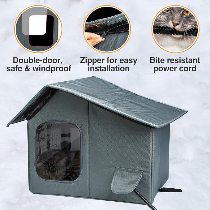 Weatherproof Heated Cat Houses for Outdoor Cats - Insulated Cat Shelter for Winter with Thermostatic Heating Pad and Escape Door, Warm Outside Pet House Gift for 1 Feral Cats (Small)