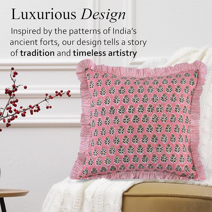 CPC Poppy Pink Ruffle Throw Pillow Covers for Couch, 18x18 Inch Cotton Stripe Ruffle Couch Pillows for Living Room, Hidden 14 Inch Zipper Boho Pillow Case or Cute Outdoor Pillows