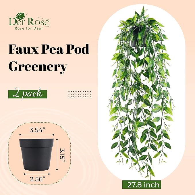 Der Rose 2Pcs Small Fake Hanging Plants Artificial Pea Pod for Wall Decor | Artificial hanging plants, faux pea pod soft draping greenery for indoor displays, bookshelves, bathroom and bedroom walls