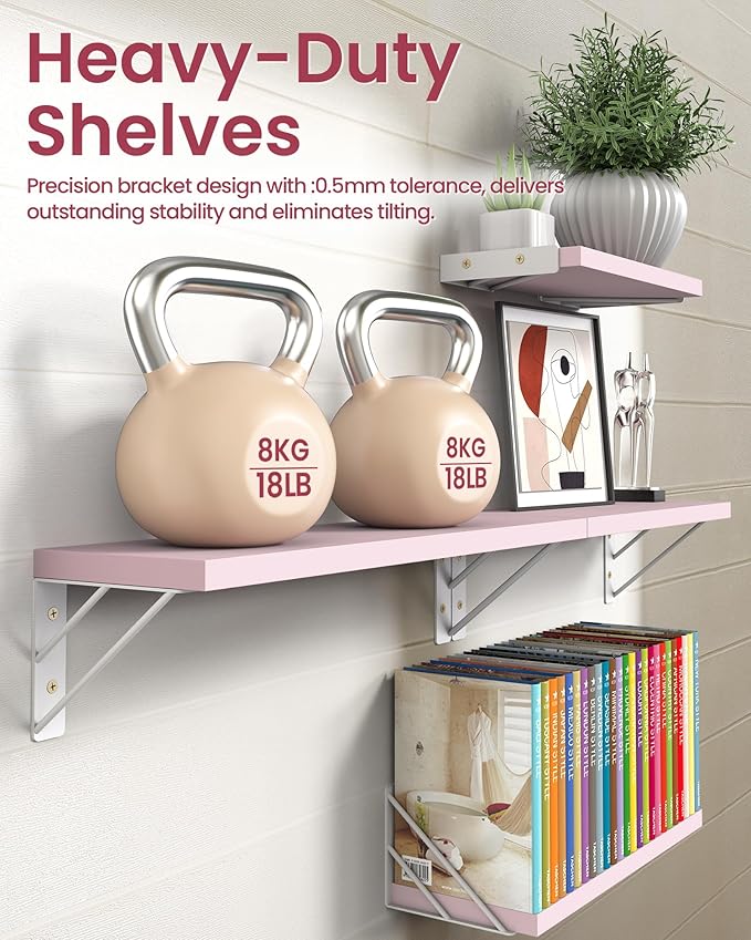 BAYKA Wall Shelves for Bedroom Decor, Pink Floating Wall Shelf for Living Room Kitchen Storage,Mounted Rustic Wood Shelves for Kids Books, Corner Shelf for Bathroom(16in，Set of 4)