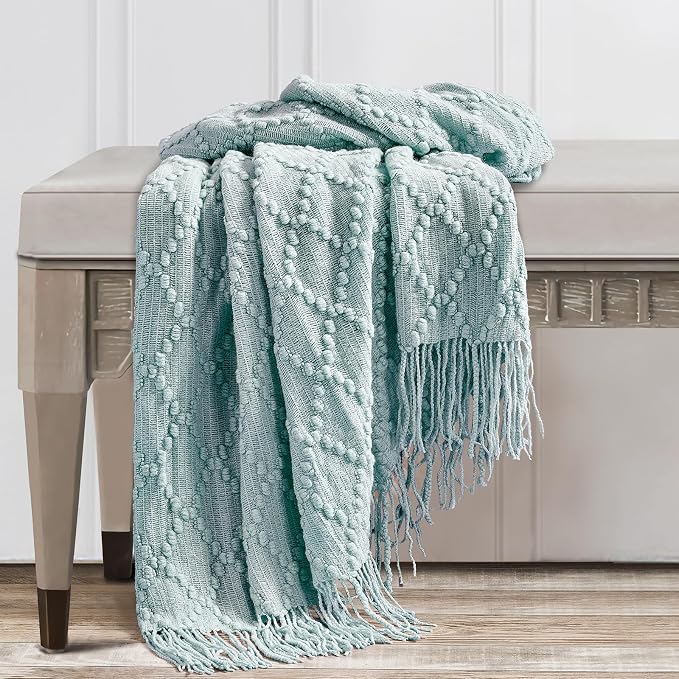 BOURINA Auqa Throw Blanket 50 x70 Inch Jacquard Throw Knitted Blanket | Jacquard Argyle Throw Textured Solid Soft Throws and Blankets for Sofa or Bed Knitted Decorative Blanket