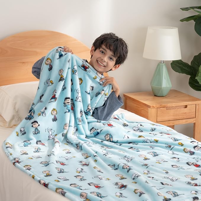 Berkshire Blanket Peanuts® VelvetLoft® Cute Character Snoopy Plush Oversized Throw Blanket, Snoopy Play with Peanuts Gang Light Aqua (50in x 60in)