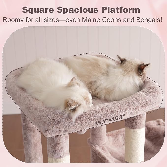 Heybly Heavy Duty Cat Tree with Large Base for Large Indoor Cats HCT026MU | Cat Tower with Scratching Posts, Tall Cat Condo House , Multi-Level Plush Furniture with Hammock & Toy Balls, Rosy Brown