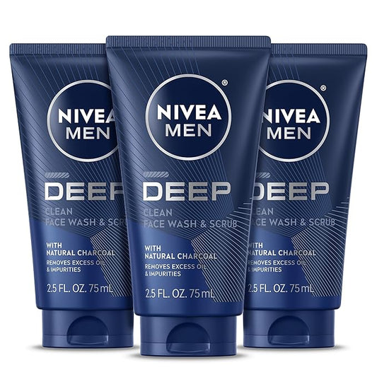 NIVEA MEN Deep Clean Face Wash and Scrub with Natural Charcoal, Exfoliating Face Wash for Men Removes Excess Oil, Dirt and Impurities, Beard Friendly Skin Care, 2.5 Fl Oz Tube, Pack of 3