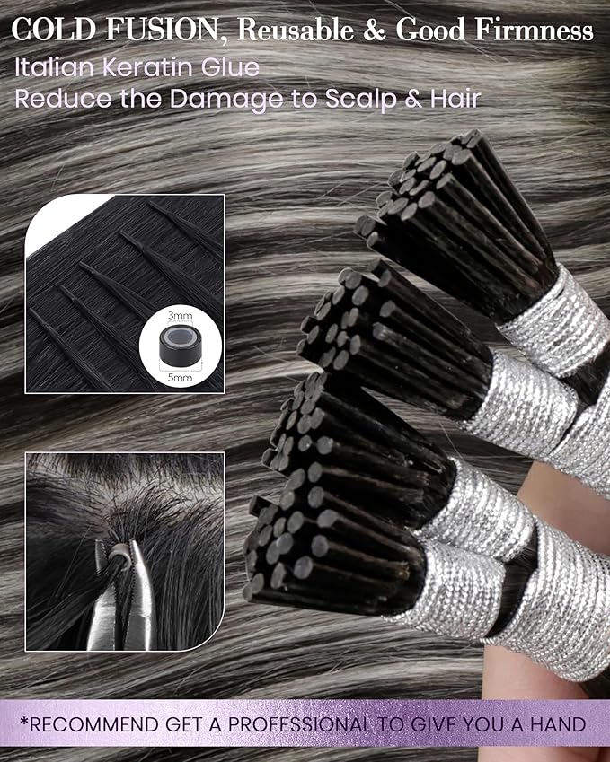 LaaVoo Itip Human Hair Extensions Natural Black Mix Silver Grey 80s Balayage I Tip Hair Extensions Human Hair Soft Straight 14 inch 40g
