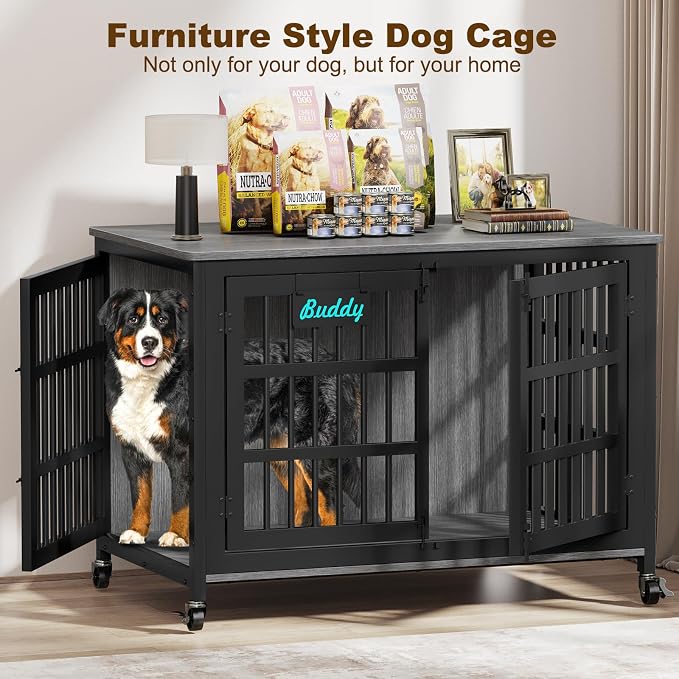 EasyCom 46"/42"/33" XXL Heavy Duty Dog Crate Furniture with Casters | Dog Kennel Indoor with Name Tag, Escape-Proof and Chew-Proof Dog Cage for Large High Anxiety Dog, as End Table