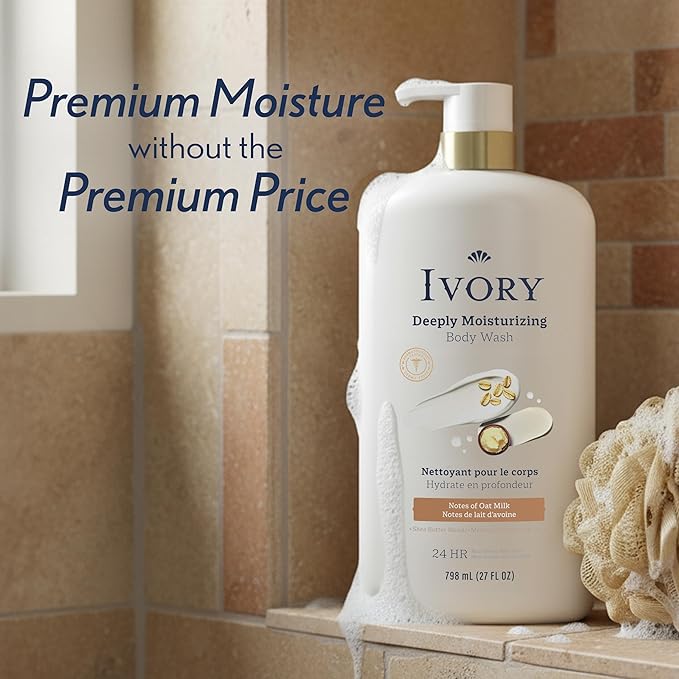 Ivory Body Wash, Deeply Moisturizing, 24hr Nourishing Hydration, Soothes Itchy Dry Skin, Made with Shea Butter Blend, Free of Dyes Heavy Perfumes Parabens & Phthalates, Oatmilk Scent, 27 oz
