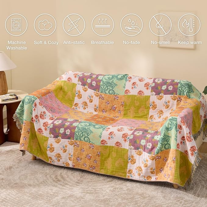 RILIHO 100% Cotton Boho Throw Blanket for Home Decor – Classic Farmhouse Quilt Bedding, Muslin Blankets for Adults, Vintage Woven Decorative Blanket for Couch, Bed Layering Use, Patchwork, 104"x90"