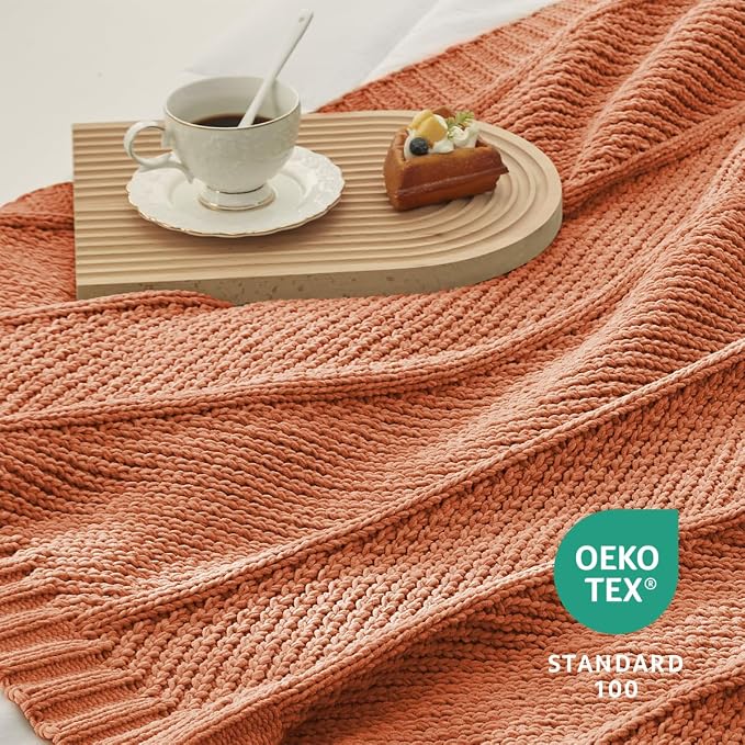 Knit Throw Blanket, Soft Chenille Cozy Breathable Chevron Chunky Decorative Blanket for Couch, Bed & Sofa, French-Inspired Lightweight Warm Gift for Women, Orange, 50"x60"