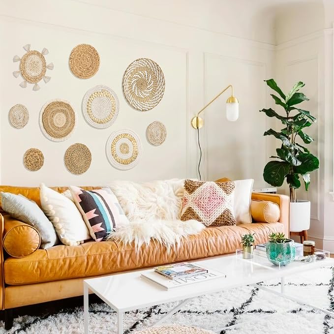 Set of 10 Boho Wall Basket Decor Wicker Woven Wall Basket Decoration | LOMOHOO Bohemian Handcrafted Round Basket Hanging Decor Bulrush Wall Art Decors for Living Room Rustic Home