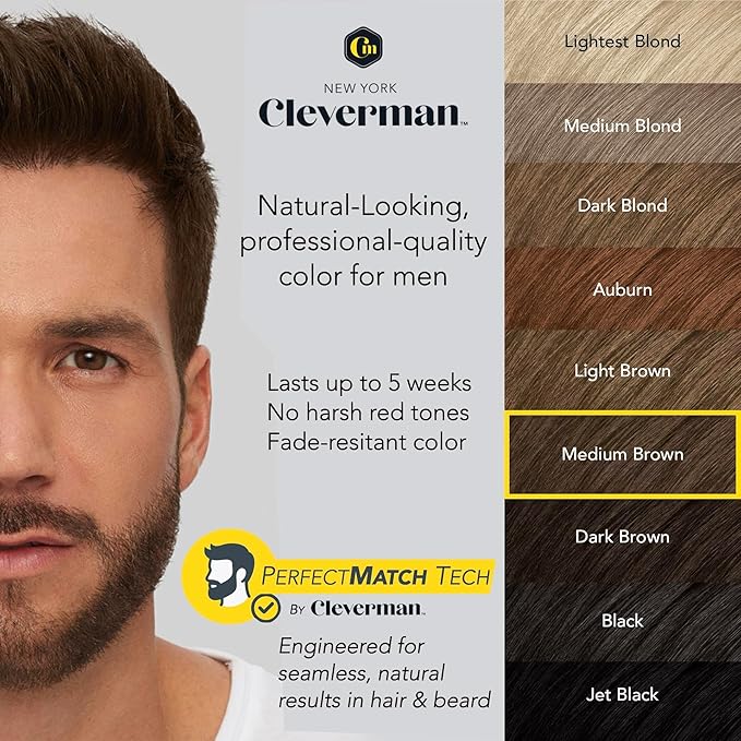 2X Reusable Hair & Beard Dye for Men – Medium Brown | Up to 10 Uses, 7 Minutes | Natural Gray Coverage, No-Drip Cream with SkinArmour® – Cleverman