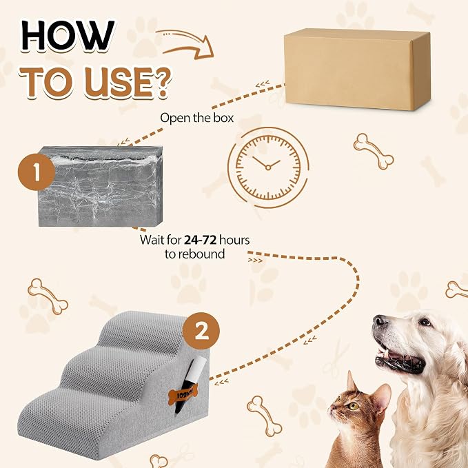 Romrol Dog Stairs Ramp for High Beds Couches, High Density Foam Pet Steps with Durable Non-Slip Waterproof Fabric Cover, Dog Stairs for Small Dogs or Cats or Pets, 3-Step,15 Inch,Light-Grey