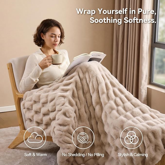 Linen Fluffy Blanket for Couch - Luxury Faux Rabbit Fur 60"x80" | Ultra Soft & Plush Comfort Ruched Blanket, Cozy Fuzzy Fleece Throw for Sofa, Bed & Office, Gift for Women, Linen Room Decor