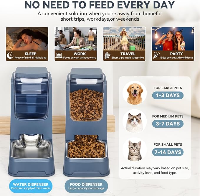 2 Pack Automatic Cat Feeder Stainless Steel Gravity Food and Water Dispenser for Small Medium Kitten Puppy Pets (Blue)
