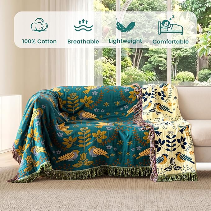 MSGKV Boho Throw Blanket 50"x60" Cotton Blanket for Couch & Living Room | 50"x60" Cotton Throw, Woven Bird Blanket, Living Room Decor, Summer Comfort, Decorative Throw, Sofa Cover, Machine Washable