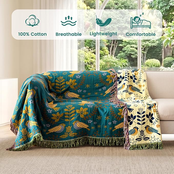 MSGKV Boho Throw Blanket 60"x80" 100% Cotton Bird Quilt for Bed & Couch | 100% Cotton Throw, Bird Quilt Design, Muslin Blanket, Summer Breathable, Farmhouse Decor, Lightweight, Machine Washable