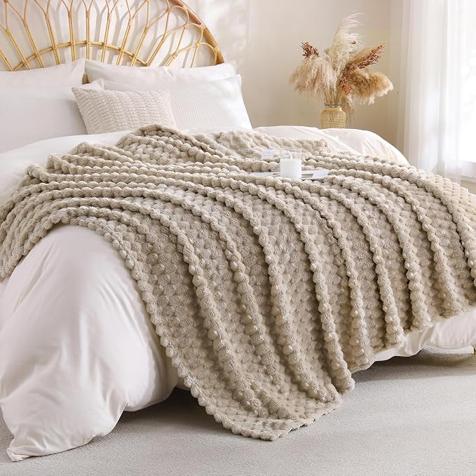 Beige Fleece Throw Blanket 60”×80” for Couch Sofa Bed Super Soft Cozy Plush Microfiber Flannel Blanket with 3D Jacquard Decorative Lightweight for Mom Woman