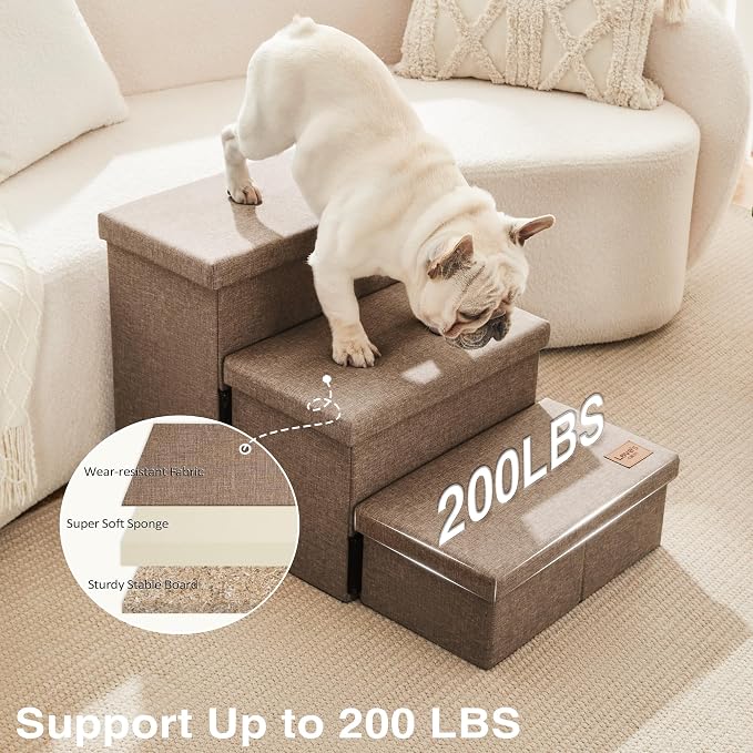 Love's cabin Dog Stairs for High Bed, Foldable Pet Stairs for Small Medium or Large Dogs Puppy with Storage for Bed or Couch, Cat Dog Steps Ramp with Zip up to 200 lbs, Light Brown, 3 Steps