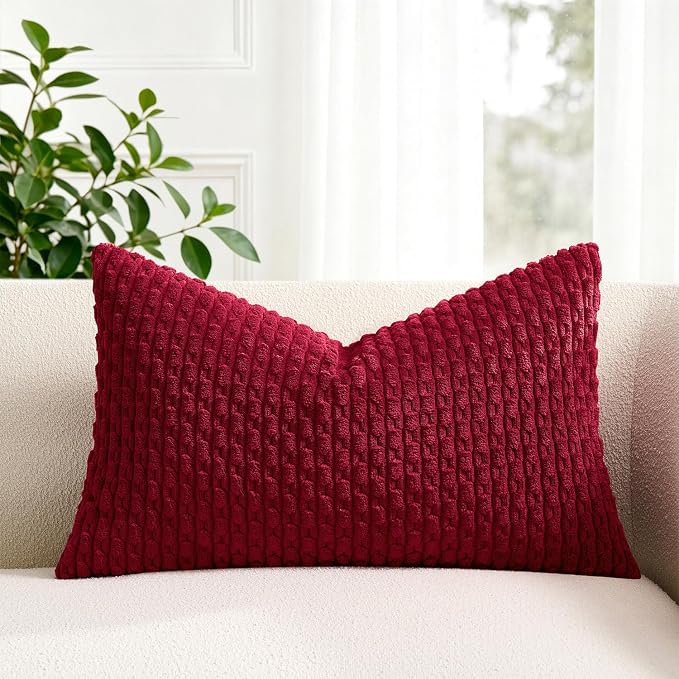 Kevin Textile Soft Corduroy 12"x20" Lumbar Pillow Cover 1 Pack, Burgundy | Boho Stripe Plush Corduroy Decorative Oblong Cushion Cover Modern Farmhouse Home Decor for Sofa Couch Bed Chair
