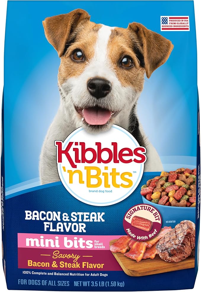 Kibbles 'n Bits Mini Bits Small Breed Dry Dog Food, 3.5 lb. Bag | Complete & Balanced Nutrition Formulated For Small Adult Dogs With Easy-To-Chew Bites Of Savory Bacon & Steak Flavors