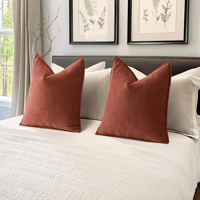 MIULEE Pack of 2 Fall Rust Euro Shams Chenille Pillow Covers 24x24 Inch | Decorative Soft Couch Throw Pillows,Farmhouse Cushion Covers,Elegant Design for Sofa,Bed,Living Room,Summer Decor