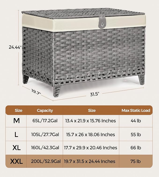 Wicker Storage Basket with Lid, 200L Storage Bin with Removable Liner Bag | Rattan-Inspired Shelf Basket Design, Storage Trunk with Heightened Feet, Wardrobe Storage Container & Home Organizer