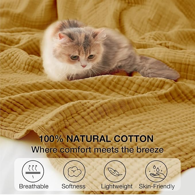 100% Cotton Muslin Blanket Twin 60" x 80", Breathable and Lightweight Cotton Twin Blankets for Couch, Soft Cooling Summer Gauze Blanket for Adults All Season, Camel