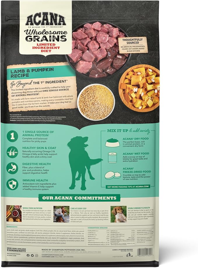 ACANA Wholesome Grains Dry Dog Food Lamb & Pumpkin 4lb Bag | Freeze Dried, High Protein, Made in the USA, Includes Probiotics, Omega-3 Fatty Acids, Global Quality Ingredients