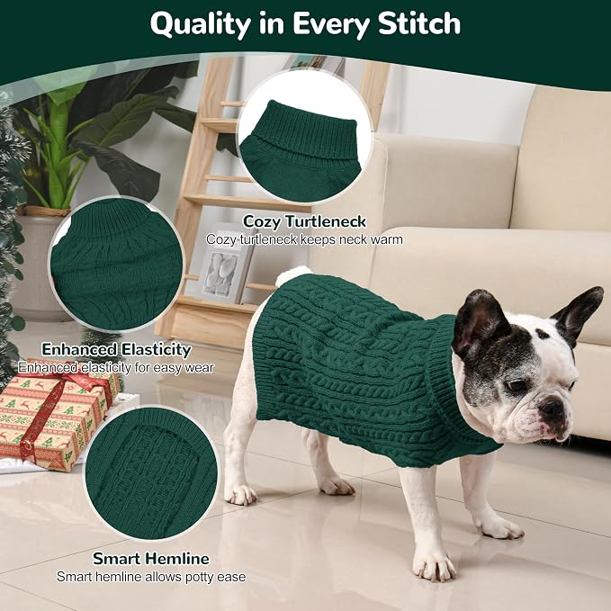 Dog Sweater 2 Pack for Medium Dogs, Green & Brown, Size L | Stretchy cable knit turtleneck, machine washable, high belly cut, comfy winter fit for French Bulldog