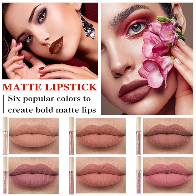 6 Colors Matte Nude Lipstick Set Liquid Lipstick Velvet Lip Gloss Lip Stain Long Lasting Waterproof Nude Pink Lipstick Set for Women Lip Makeup (SET-B)