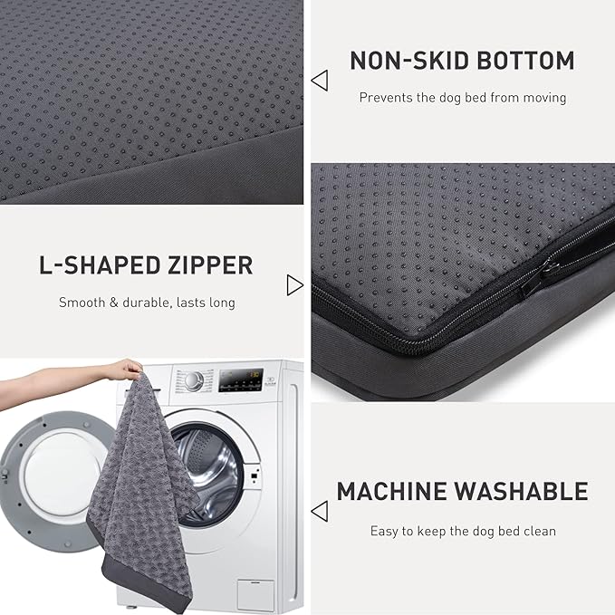 KSIIA Washable Dog Bed for Crate Waterproof for Large Dogs, 47x29 Inch,Gray | 3in egg crate foam,orthopedic support,Soft rose velvet,3ply waterproof fabric,removable cover,anti-slip base,washable