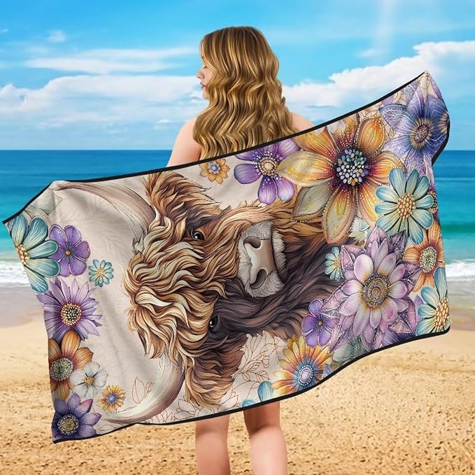 INSTANTARTS Aesthetic Dahlia Highland Cow Towel Car Seat Covers Sports Car Towel Mat for Yoga and Travel