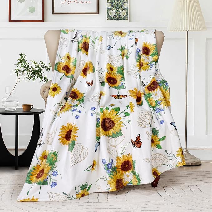 Sunflower Throw Blanket Ultra Soft Butterfly Floral Blanket Cozy Flannel Fleece Bed Blanket Lightweight Fuzzy Plush Flowers Couch Cover Sunflowers Gifts Throw Decor for Women Girls 60" X 80"