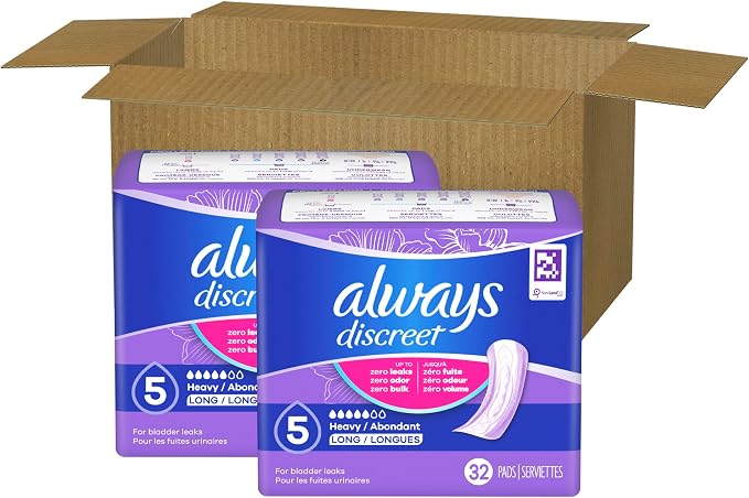 Always Discreet Adult Incontinence Pads for Women, Drier, 5 Drop Long Length, Heavy Absorbency, Pads for Bladder Control Management, Bladder Leaks, & Postpartum-Pads, 64ct (Pack of 2)