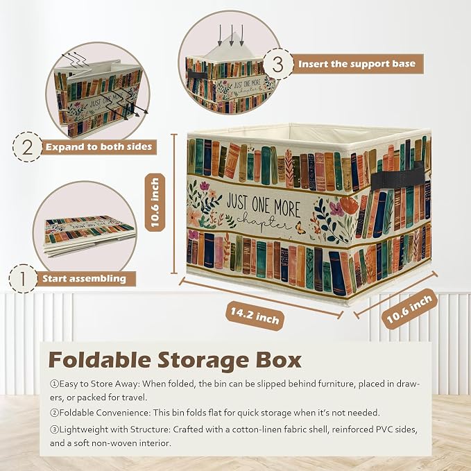 Floral Bookish Storage Box Bins, Book Lover Reader Gifts, Just One More Chapter Collapsible Storage Basket Organizer for Reading Room Corner Home Library Clothes Books