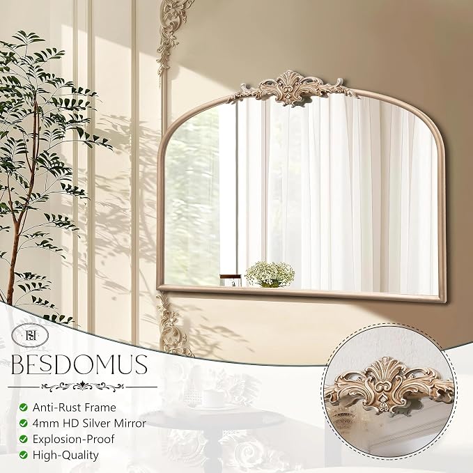 Besdomus Antique Gold Wall Mirror: 32"x24" French Arched Decorative Mirrors | Vintage Baroque Ornate Arch Metal Framed for Mantel/Hallway/Bathroom Vanity/Dresser/ - Ideal Gifts for Holiday/Birthday