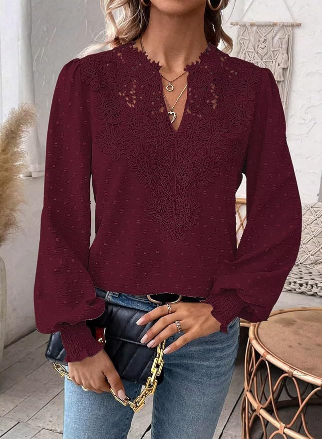 Womens Tops Swiss Dot Boho Long Sleeve Shirts V Neck Casual Chiffon Blouses Flowy Lace Hem Cute Clothing Trendy 2026