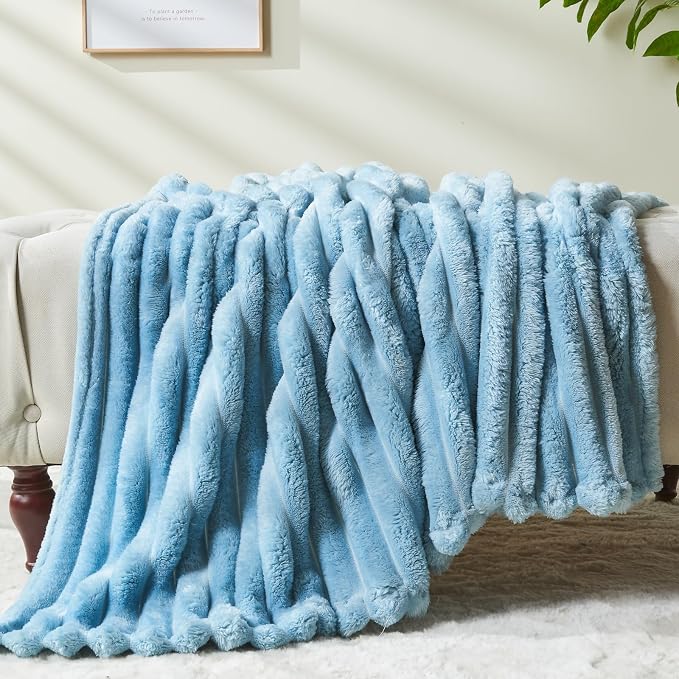 NEWCOSPLAY Fleece Ribbed Cozy Throw Blanket for Couch, Blue, 50"x60" | Premium Silky Flannel Blanket, Soft Lightweight Fluffy Throw Blanket for Bed Sofa Decor, Gift for All Season Use