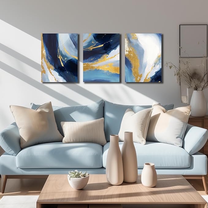 DNIEOTU Abstract Wall Art for Living Room, Blue White and Gold Canvas Wall-Decor for Bedroom, Picture Prints, Size 12 x 16 Inches 3-Pieces