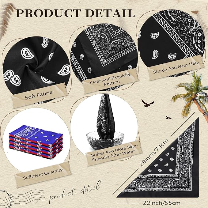 Suhine 12 Pcs Bandanas Bulk 22 x 22 Inch Paisley Headband Cowboy Handkerchief Christmas Thanksgiving Gift for Women Men