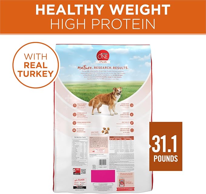 Purina ONE Plus Healthy Weight Dry Dog Food, Real Turkey, 13.1 lb Bag | High protein dog food for weight control with turkey as the first ingredient, helps promote healthy weight and lean muscle