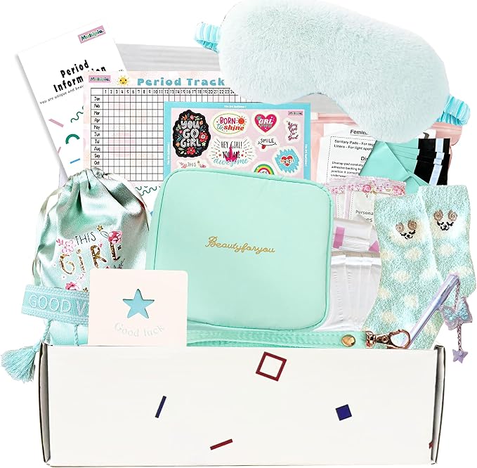 First Period kit for Girls | 23 PC Period Packs for Young Girls First Time | First Period Gift for Teen Girls with Sanitary Pad Storage Bag, Wipes, Bracelet, Eye Mask, Socks and More(Mint)